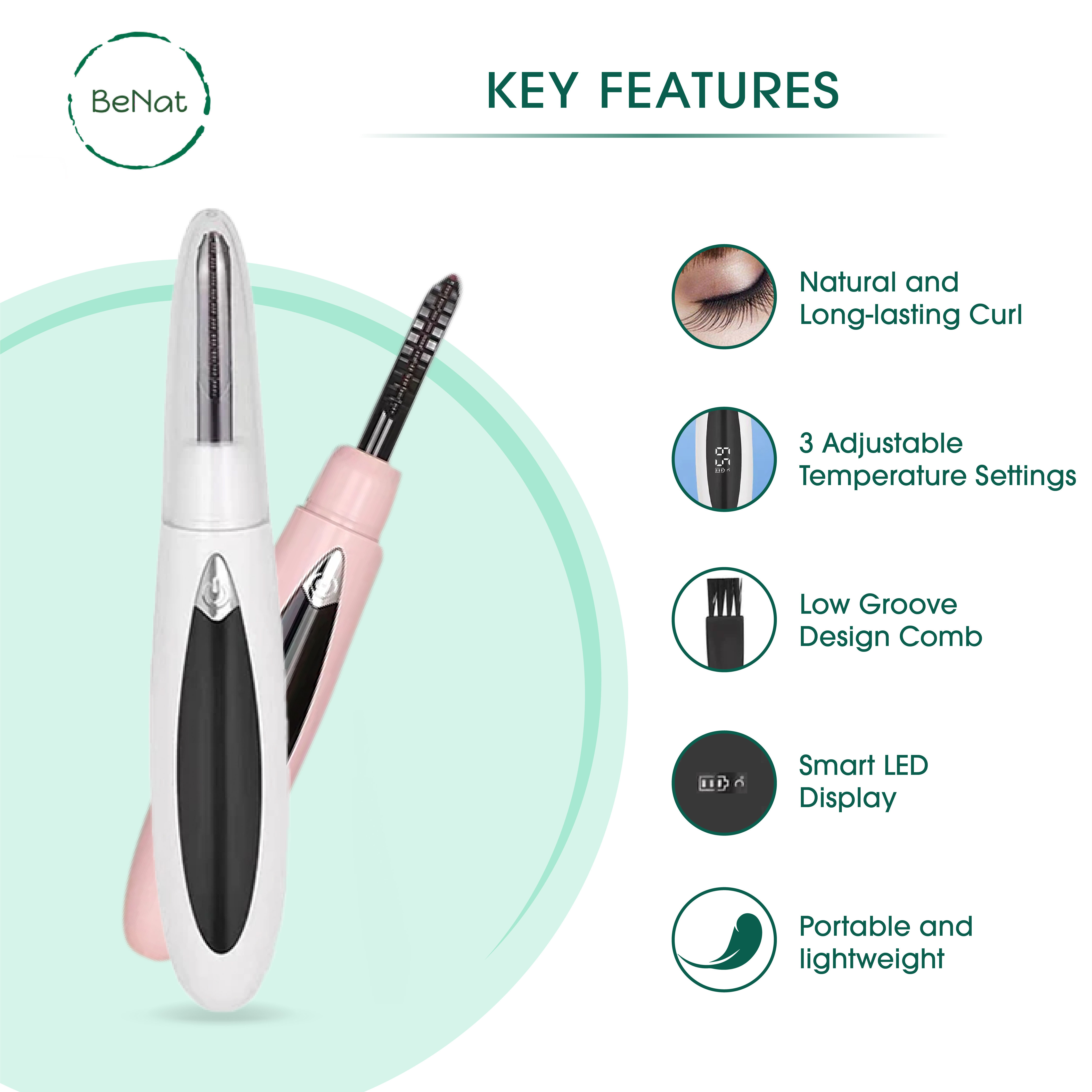 The Effortless Beauty Kit featuring a rechargeable facial hair removal device, electric eyebrow trimmer, and electric eyelash curler, all designed for easy beauty maintenance.