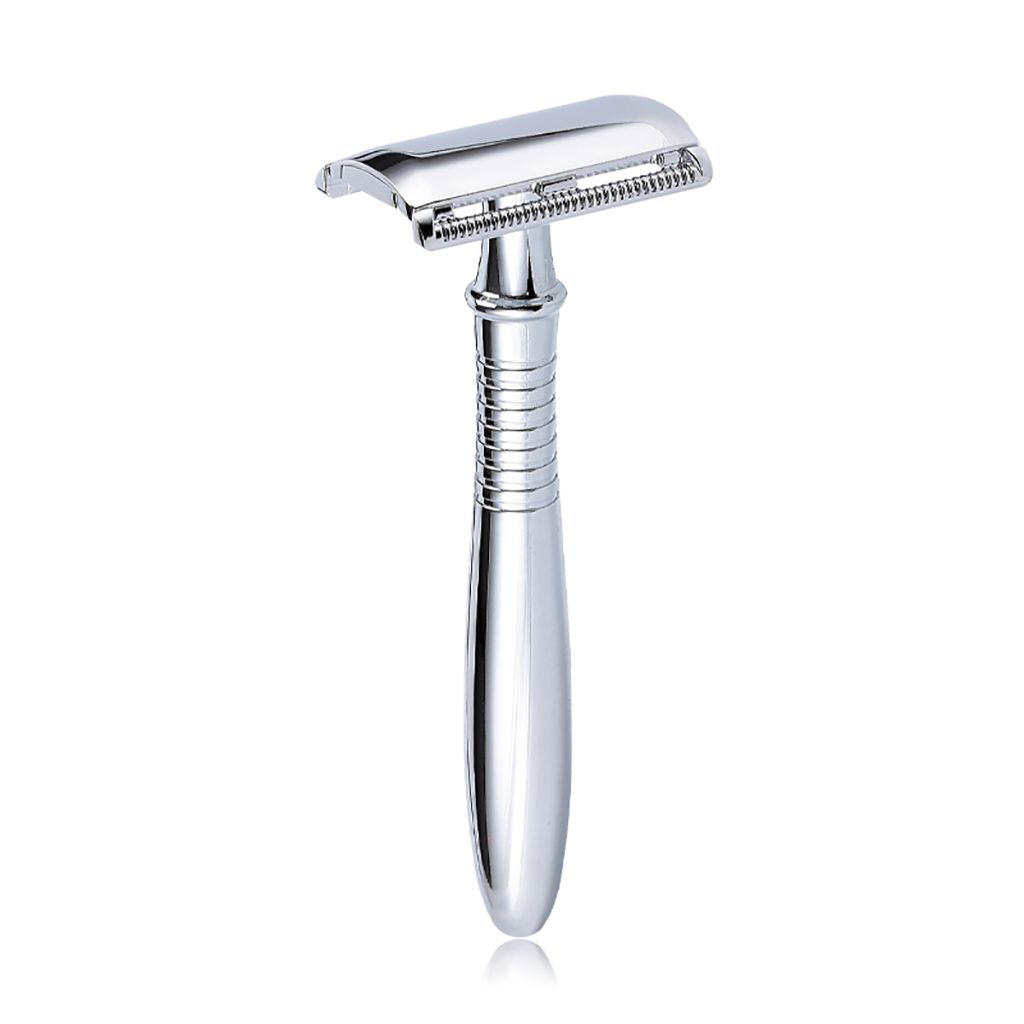 The Personal Barber Premium Safety Razor with chrome-plated finish, showcasing its elegant design and longer handle.