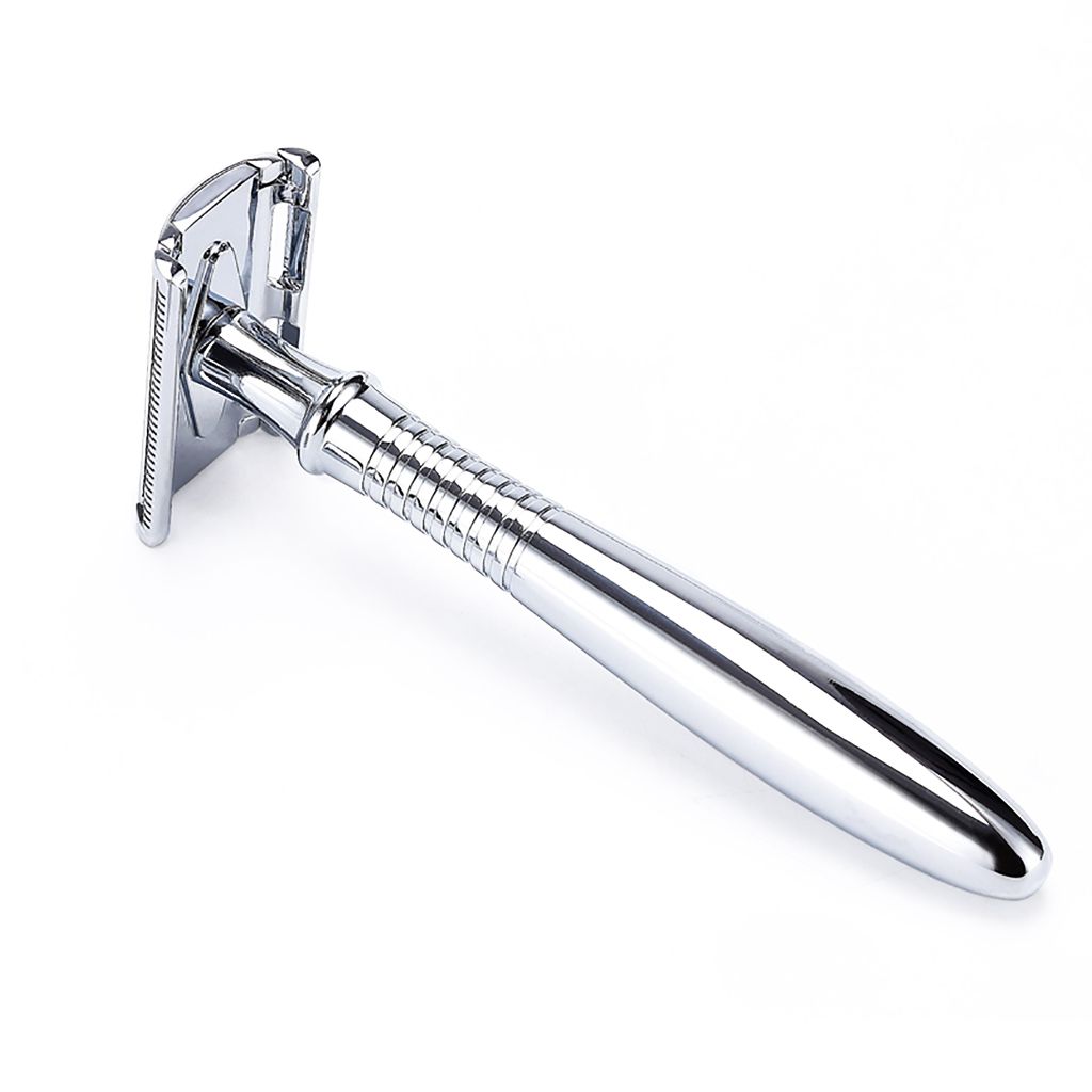 The Personal Barber Premium Safety Razor with chrome-plated finish, showcasing its elegant design and longer handle.