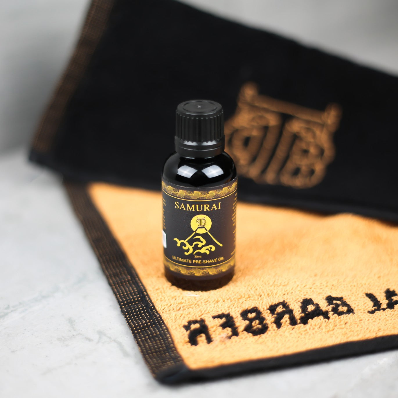 The Personal Barber Samurai Ultimate Pre-Shave Oil bottle with a sleek design, showcasing its premium quality and unique fragrance.