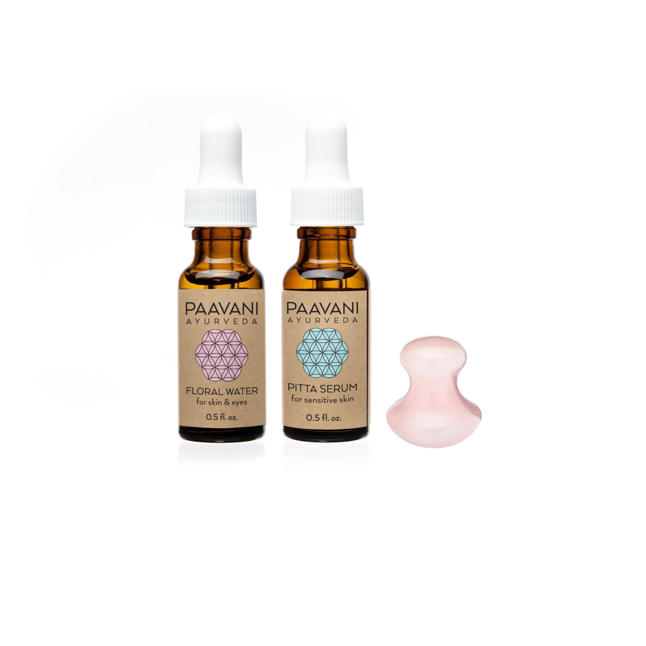 The Radiant Skin Ritual kit featuring the Kansa Wand Facial Tool, facial serum, floral water, and a travel pouch, all designed for at-home facial massages.