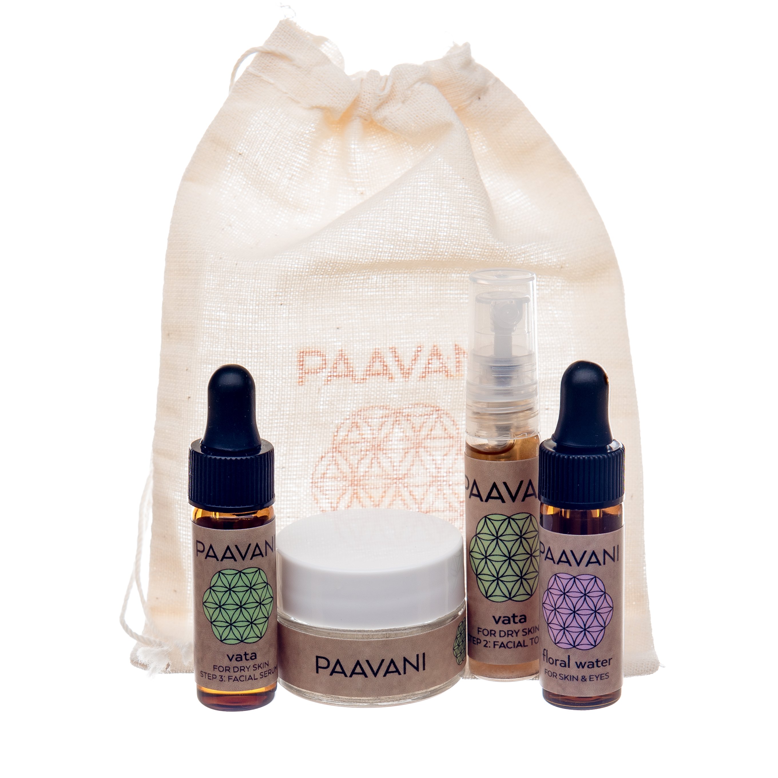 The Vata Skincare Ritual products including cleanser, toner, serum, and floral water, displayed elegantly.