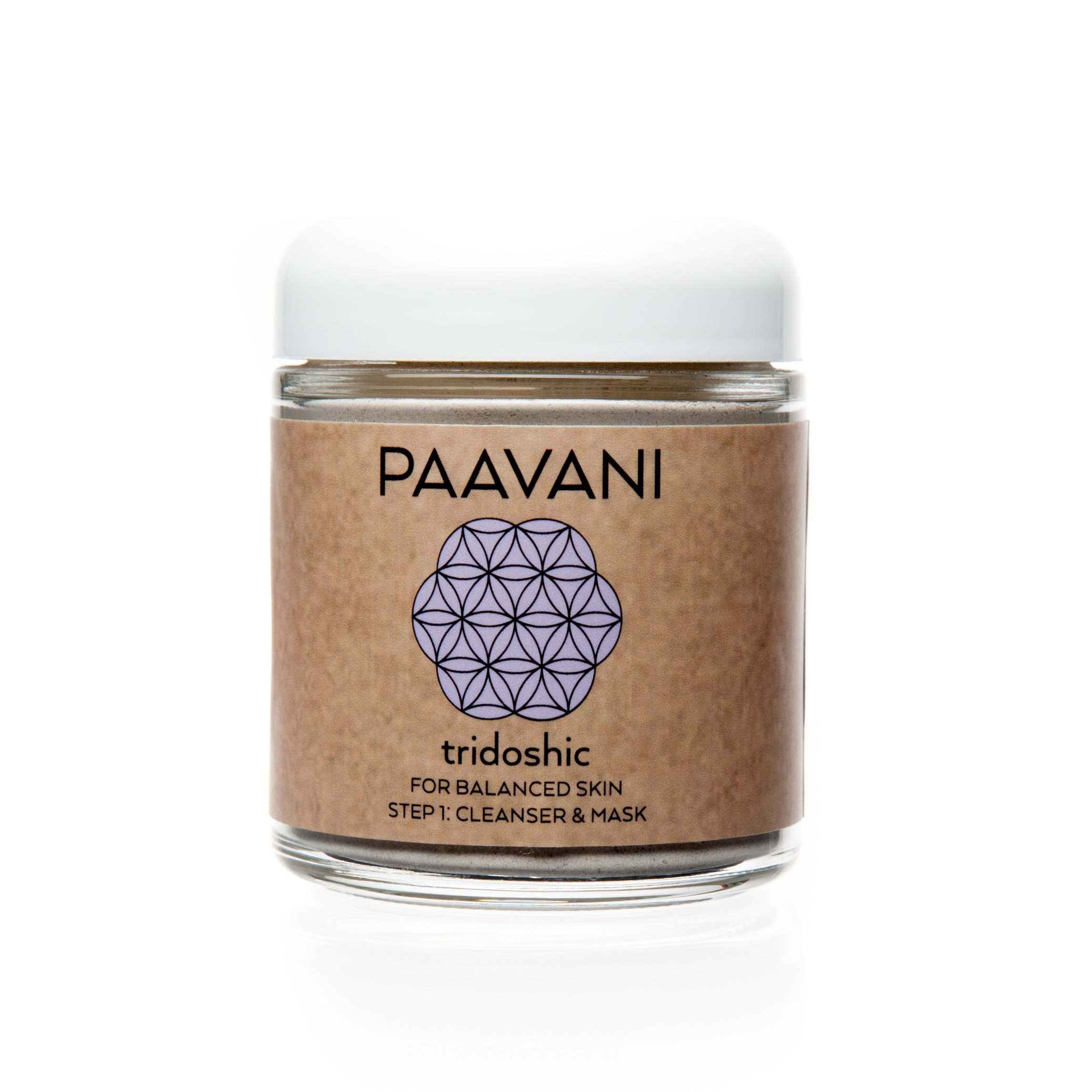 Tridoshic Cleanser & Mask in a 4 oz glass jar, showcasing its natural ingredients and Ayurvedic heritage.