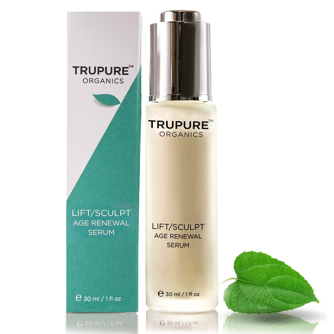 TRUPURE ORGANICS Lift/Sculpt Serum in eco-friendly glass bottle with controlled dropper, showcasing its natural ingredients.