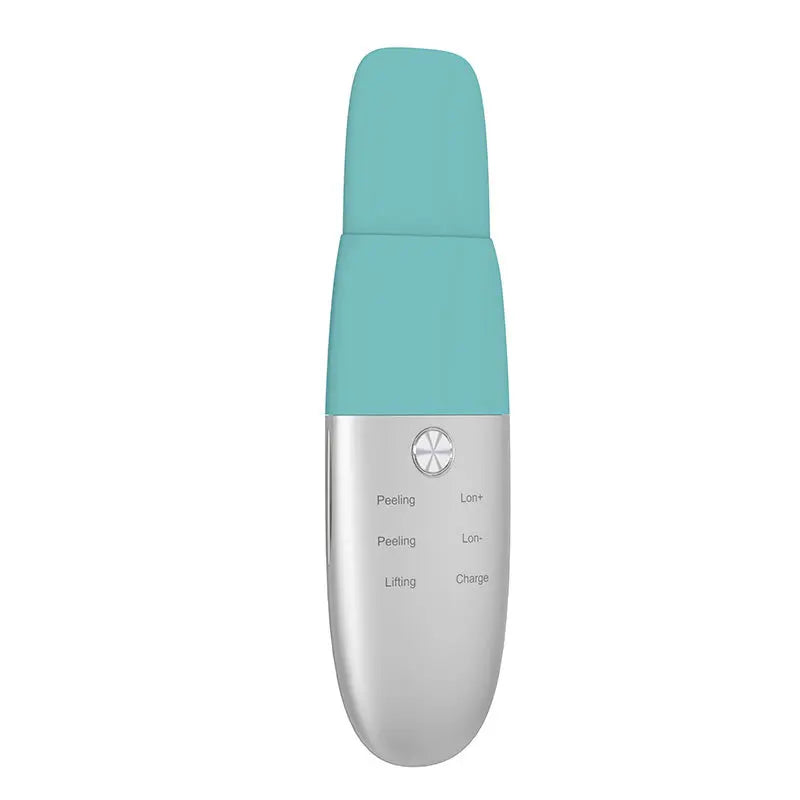 Ultrasonic Ionic Pore Cleanser with spatula design, USB charging cable, and user manual, ideal for deep facial cleansing.