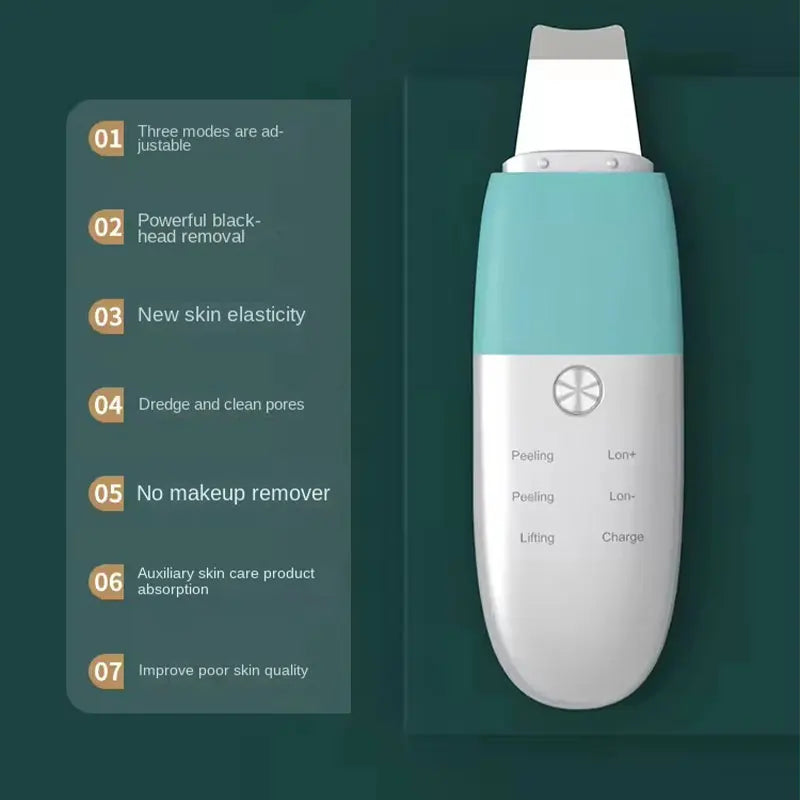 Ultrasonic Ionic Pore Cleanser with spatula design, USB charging cable, and user manual, ideal for deep facial cleansing.