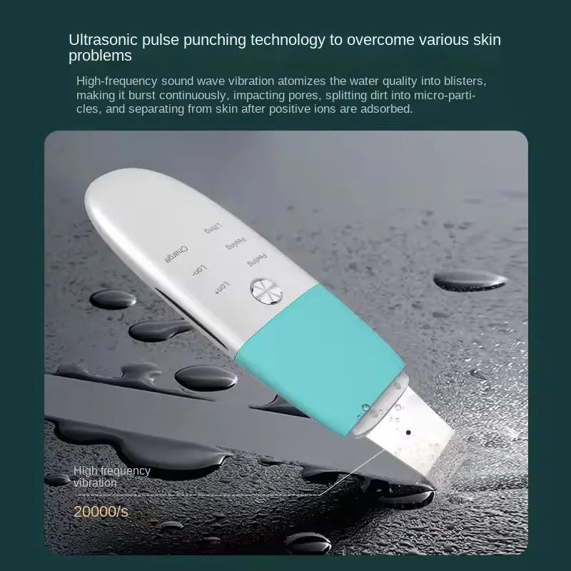 Ultrasonic Ionic Pore Cleanser with spatula design, USB charging cable, and user manual, ideal for deep facial cleansing.