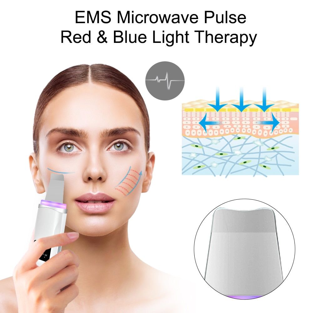 Ultrasonic Skin Scrubber with ergonomic design and LED lights for deep facial cleansing and skincare.