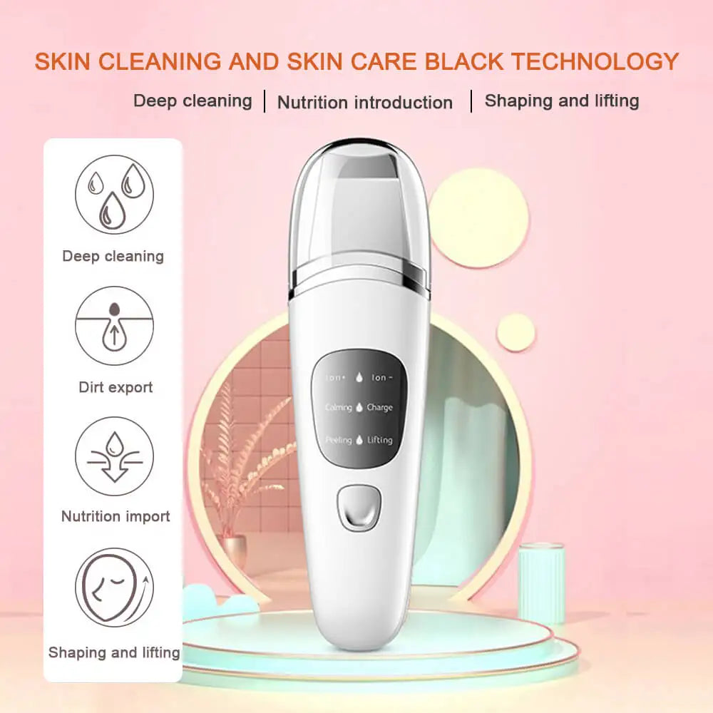 Ultrasonic Skin Scrubber in white and pink colors, designed for deep face cleaning and blackhead removal, featuring a sleek and portable design.