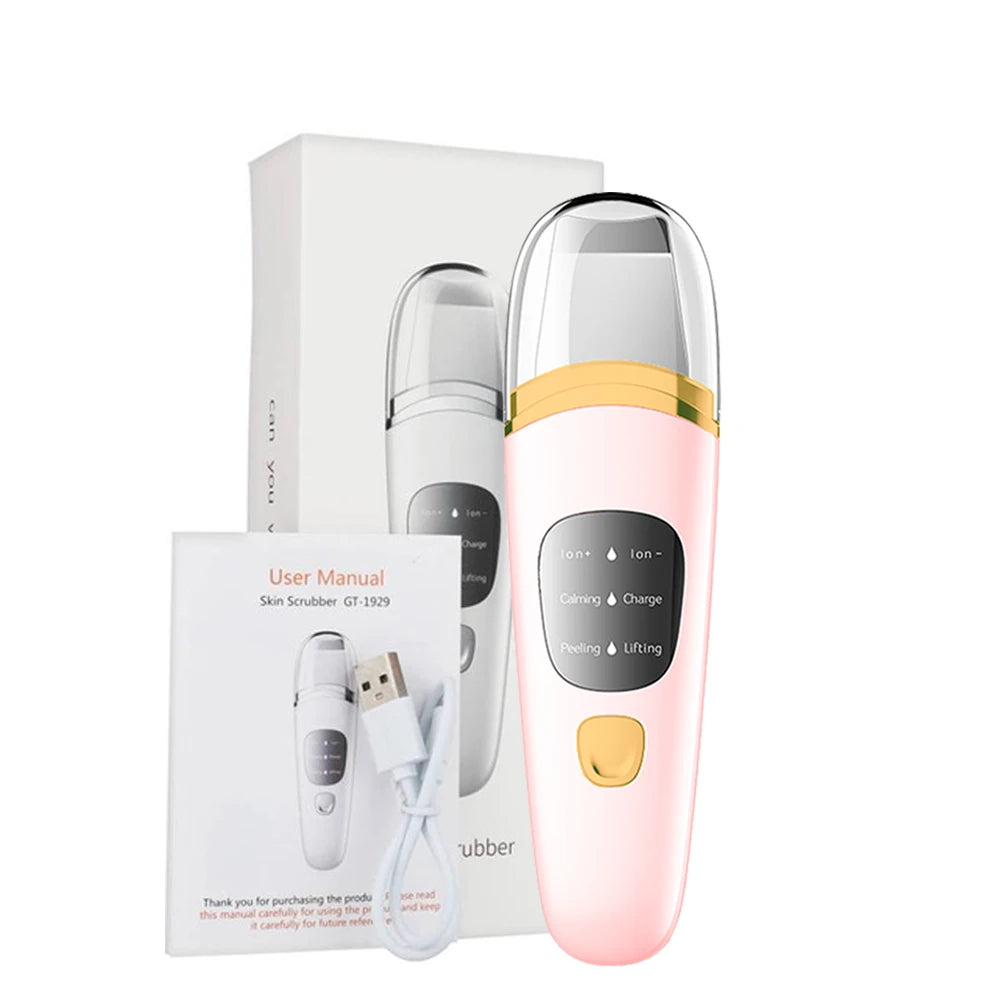 Ultrasonic Skin Scrubber in white and pink colors, designed for deep face cleaning and blackhead removal, featuring a sleek and portable design.