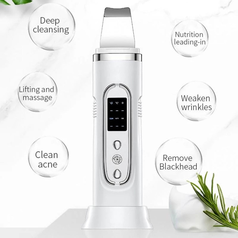 Ultrasonic Skin Scrubber in white and black, designed for deep facial cleansing and rejuvenation.