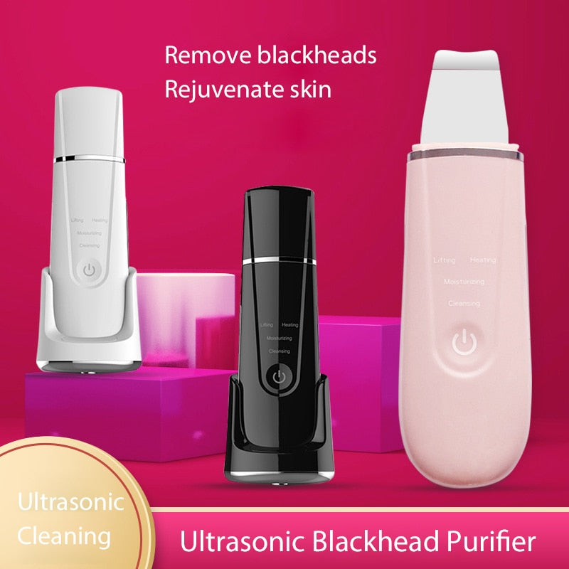 Ultrasonic Skin Scrubber Electric Vibrating Face Spatula with stainless steel head for deep cleansing and serum absorption.