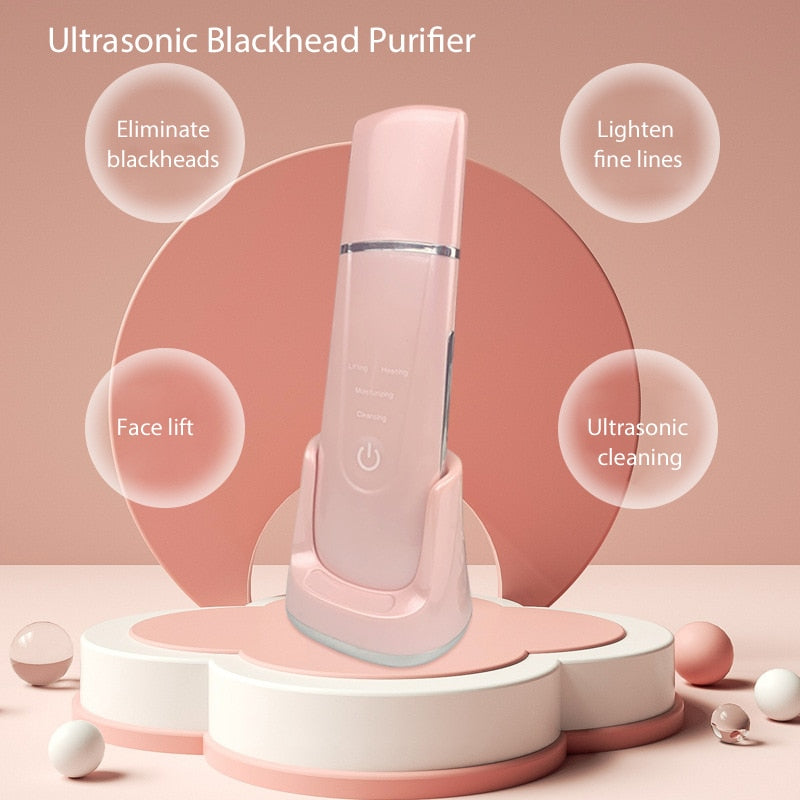 Ultrasonic Skin Scrubber Electric Vibrating Face Spatula with stainless steel head for deep cleansing and serum absorption.