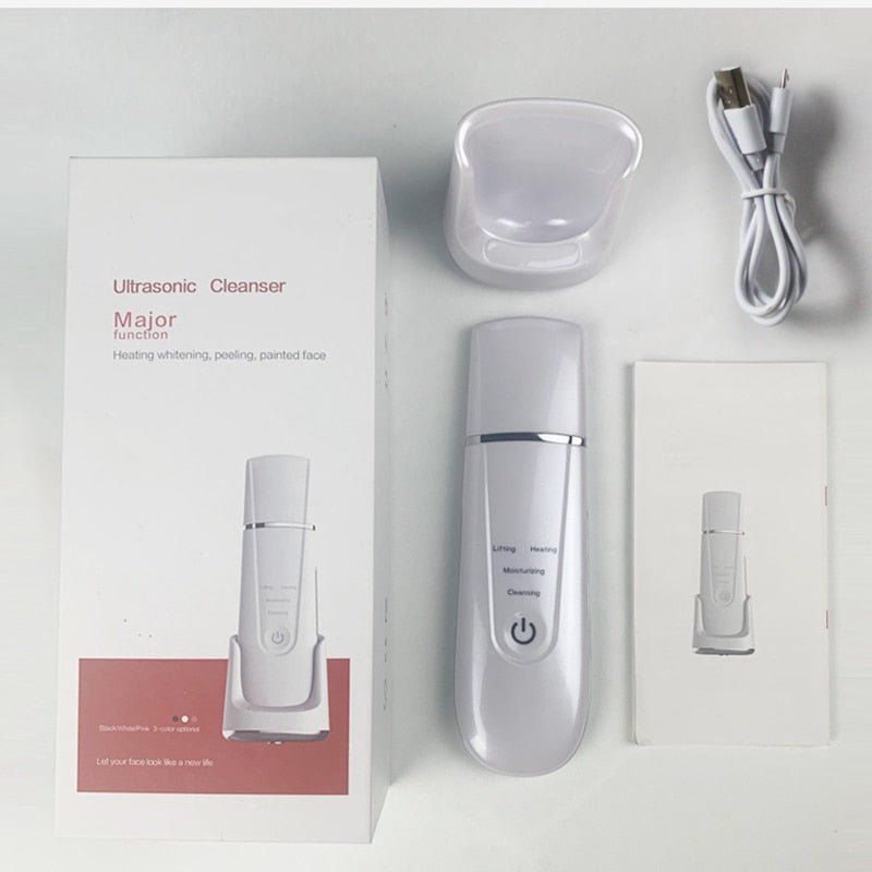 Ultrasonic Skin Scrubber Electric Vibrating Face Spatula with stainless steel head for deep cleansing and serum absorption.