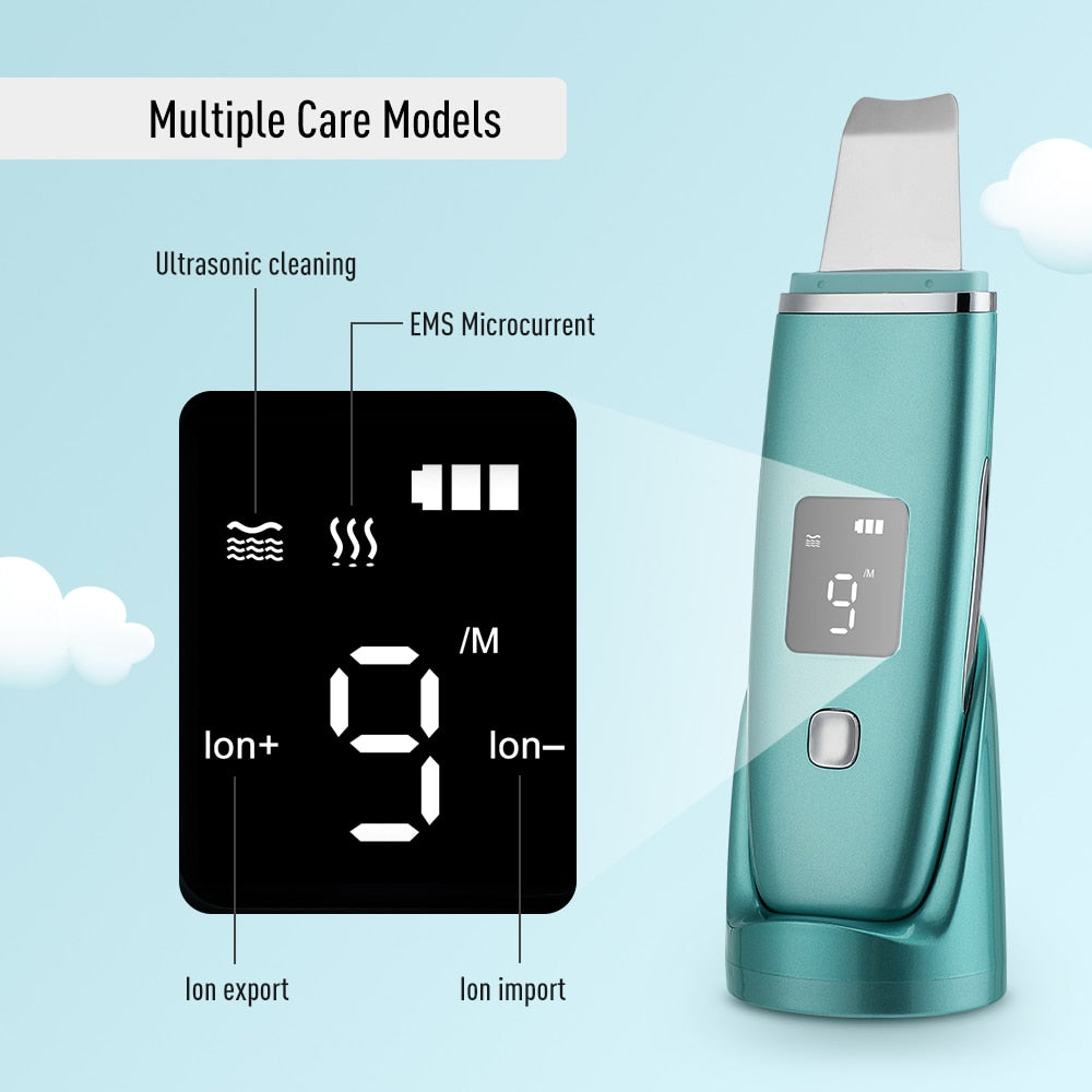 Ultrasonic Skin Scrubber EMS Facial Pore Deep Cleansing device in green color with charging base and accessories.