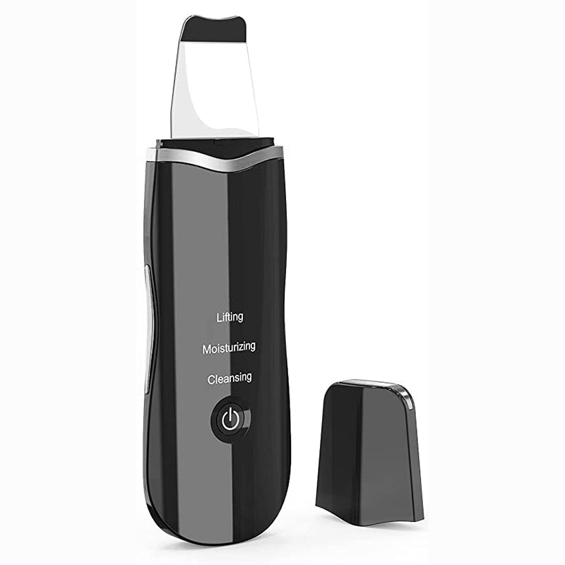 Ultrasonic Skin Scrubber device for deep facial cleansing, featuring a stainless steel scraper and USB charging port.