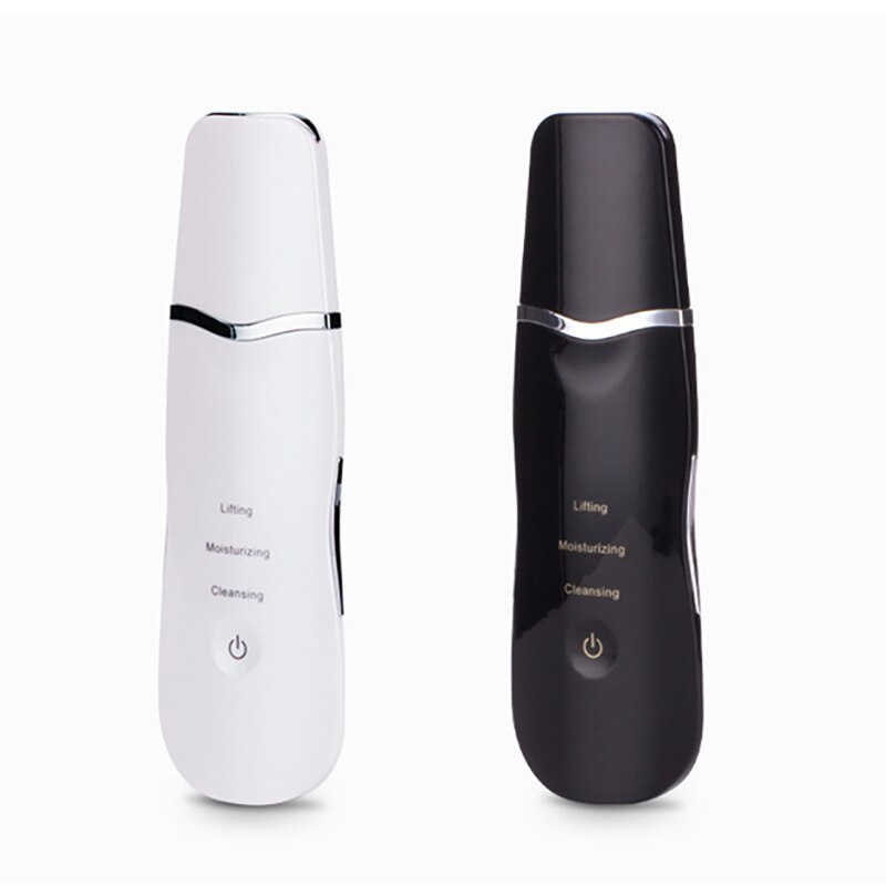 Ultrasonic Skin Scrubber device for deep facial cleansing, featuring a stainless steel scraper and USB charging port.