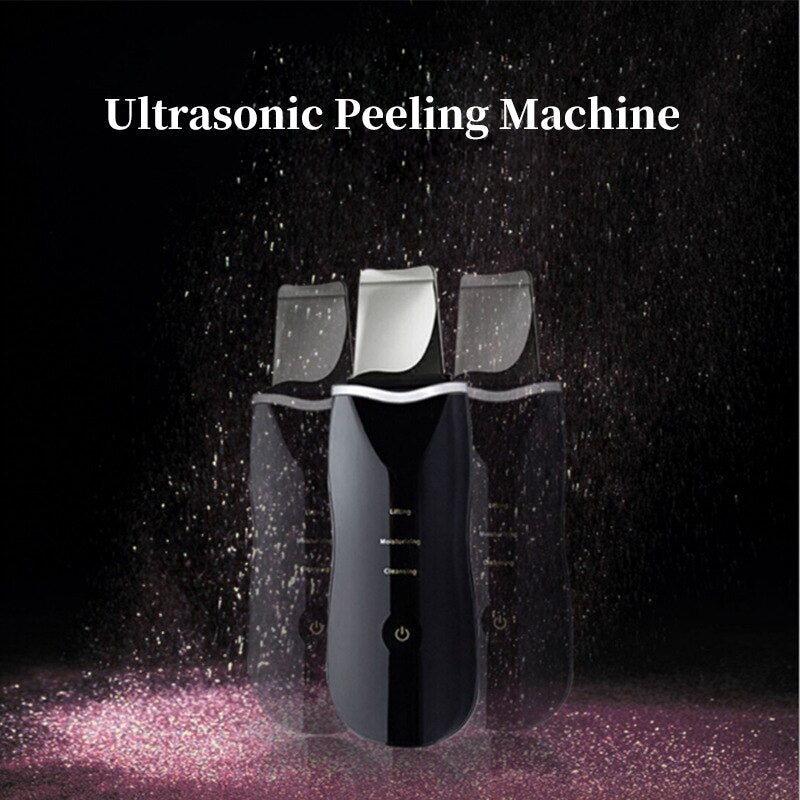 Ultrasonic Skin Scrubber device for deep facial cleansing, featuring a stainless steel scraper and USB charging port.