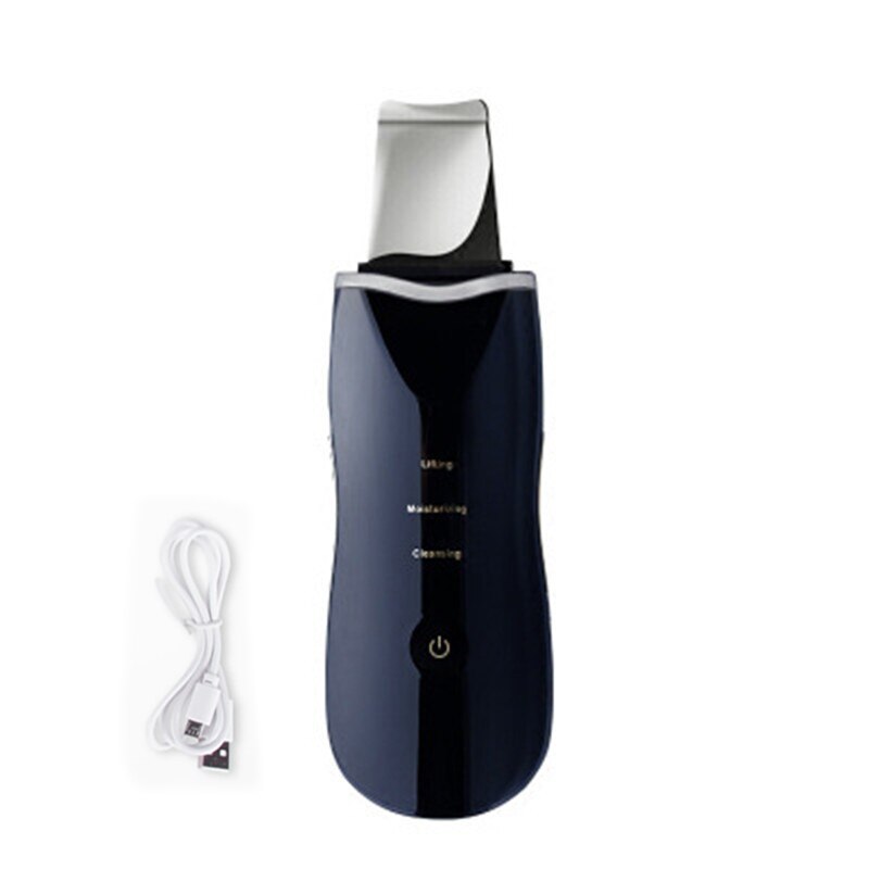 Ultrasonic Skin Scrubber device for deep facial cleansing, featuring a stainless steel scraper and USB charging port.