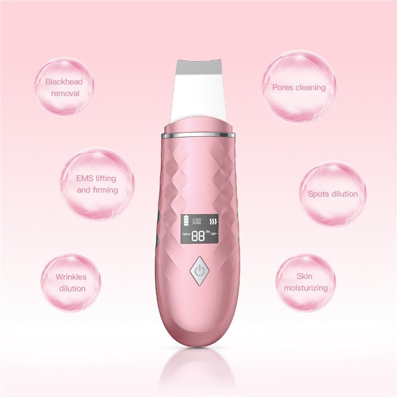 Ultrasonic Skin Scrubber in white and pink, designed for facial cleansing and blackhead removal, featuring a sleek design and LED display.