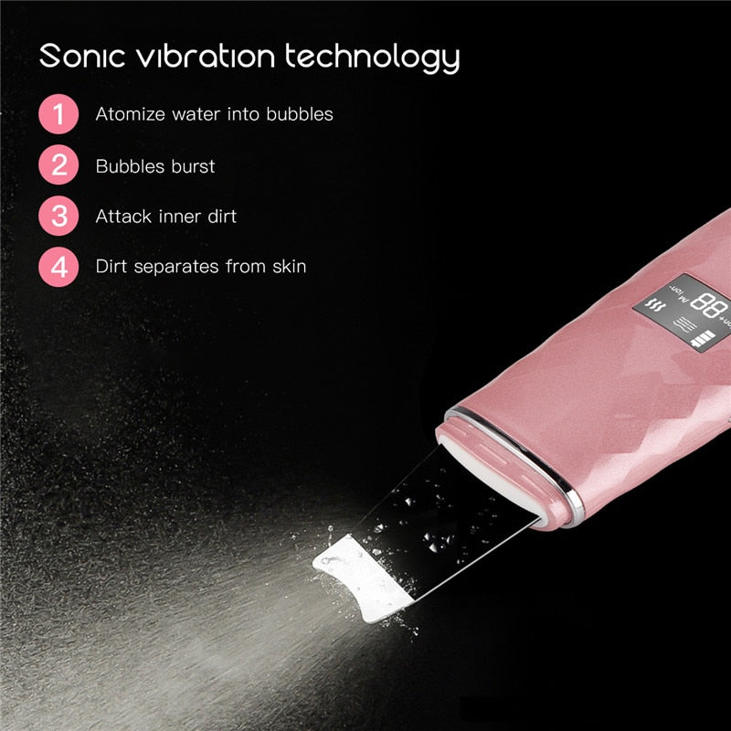 Ultrasonic Skin Scrubber in white and pink, designed for facial cleansing and blackhead removal, featuring a sleek design and LED display.