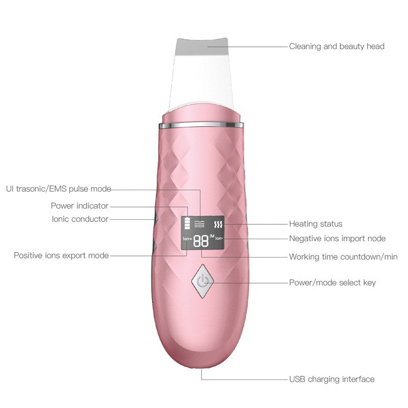 Ultrasonic Skin Scrubber in white and pink, designed for facial cleansing and blackhead removal, featuring a sleek design and LED display.