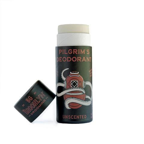 Pilgrim's unscented deodorant in a sleek container, showcasing its natural ingredients and eco-friendly packaging.