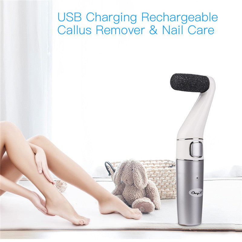 USB Rechargeable Foot File with three replaceable rollers for callus removal and nail care, featuring a sleek silver-white design.