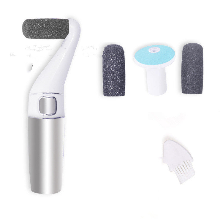 USB Rechargeable Foot File with three replaceable rollers for callus removal and nail care, featuring a sleek silver-white design.