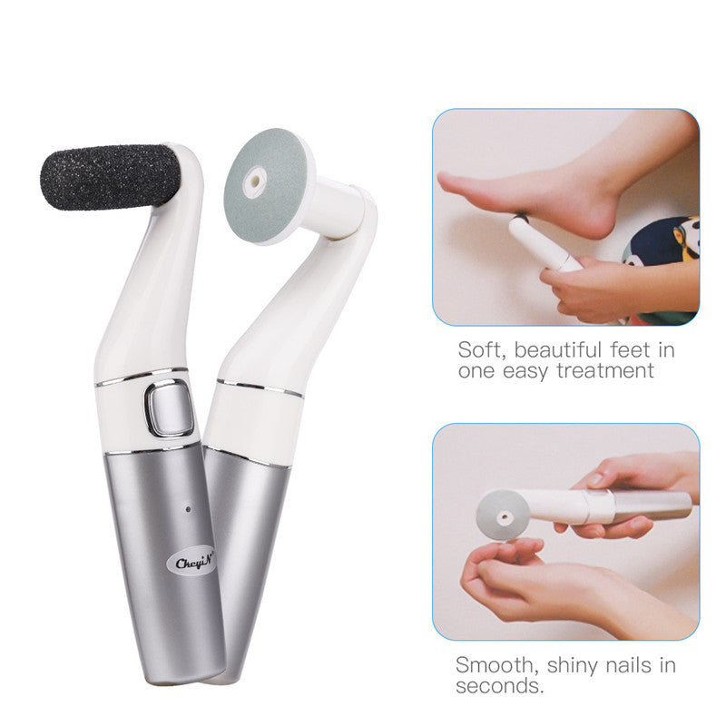 USB Rechargeable Foot File with three replaceable rollers for callus removal and nail care, featuring a sleek silver-white design.