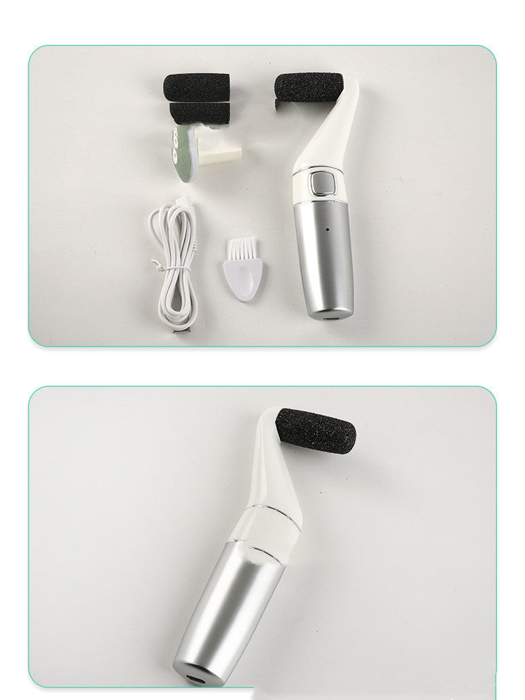 USB Rechargeable Foot File with three replaceable rollers for callus removal and nail care, featuring a sleek silver-white design.