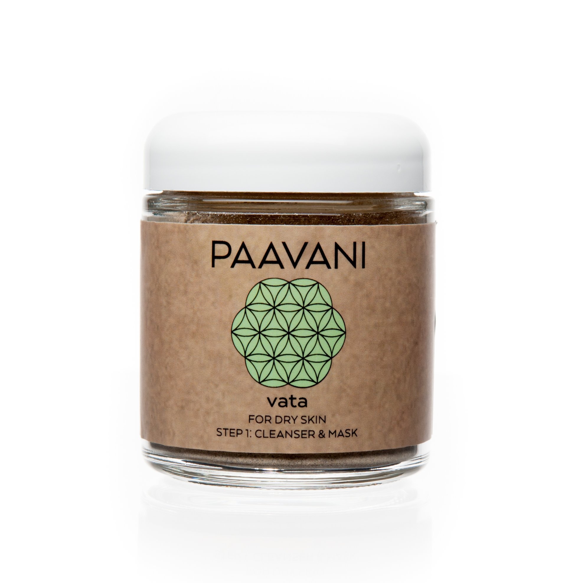 Vata Cleanser & Mask in a 4 oz glass jar, featuring a blend of Rhassoul Clay and Ayurvedic herbs for dry skin.