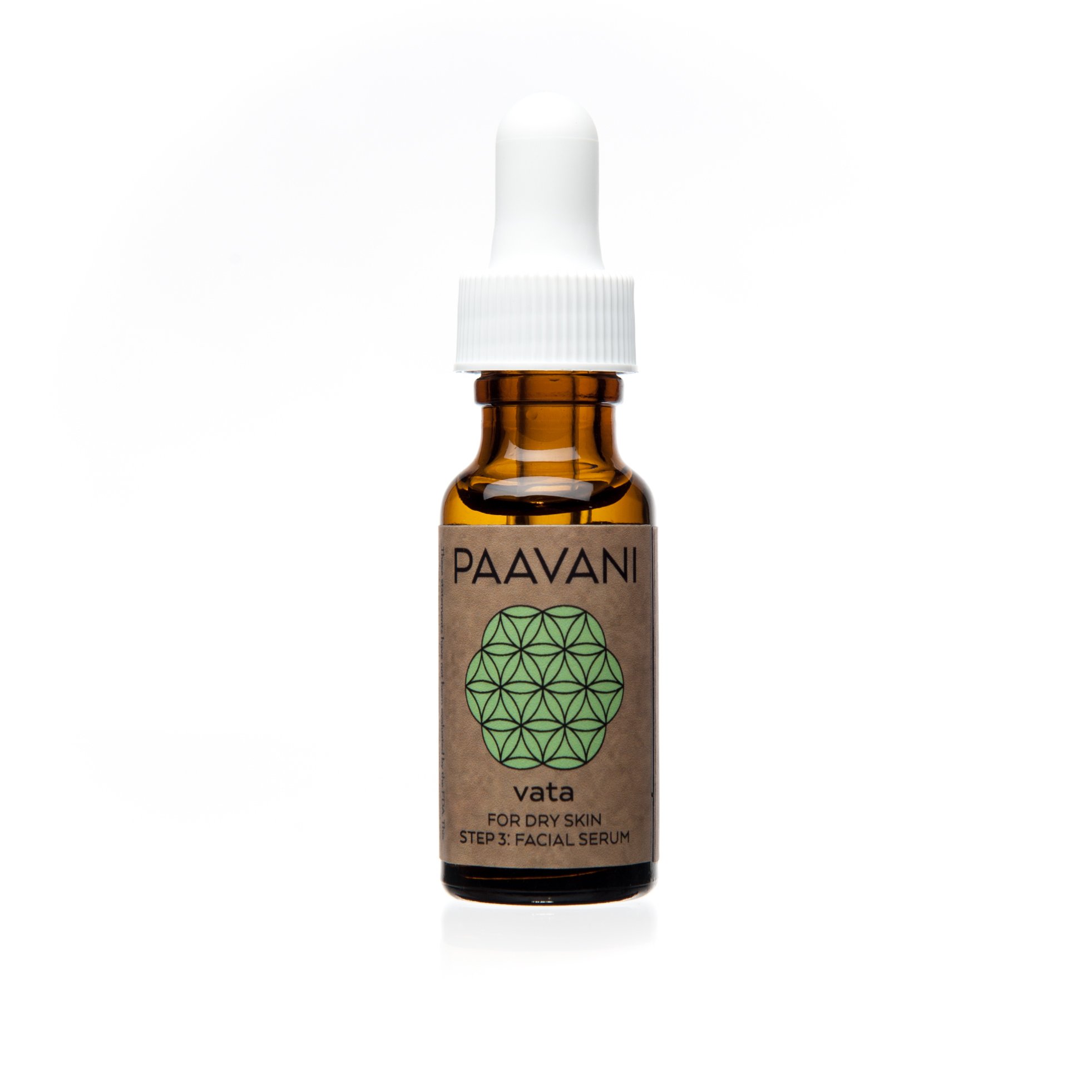 Vata Serum in a .5 oz glass bottle, showcasing its organic oils and luxurious texture.