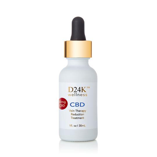 D24K CBD Vein Therapy serum bottle with a sleek design, showcasing its natural ingredients for reducing varicose veins.