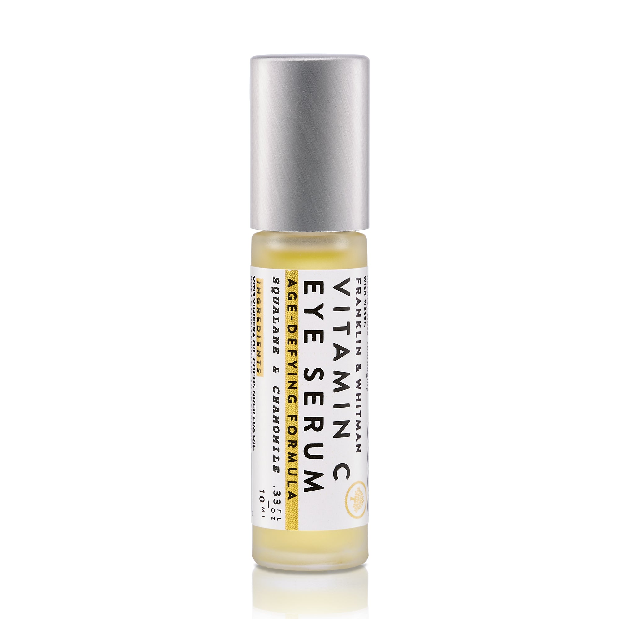 Vitamin C Eye Serum in a glass bottle with a metal roller ball, showcasing its brightening and hydrating properties.