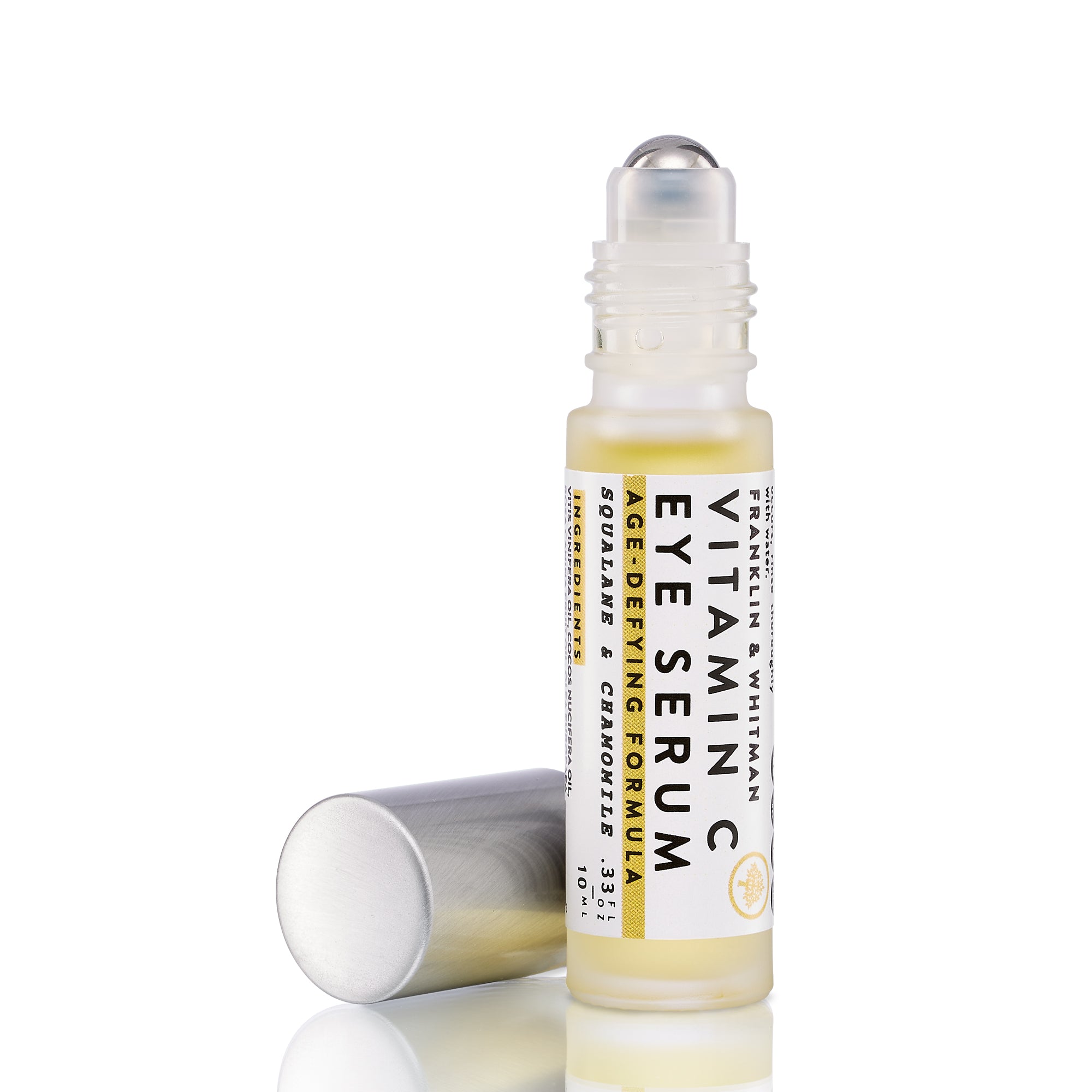 Vitamin C Eye Serum in a glass bottle with a metal roller ball, showcasing its brightening and hydrating properties.