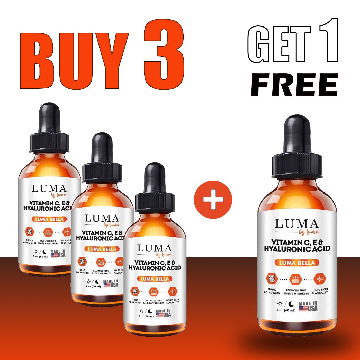 Luma Bella Vitamin C Serum 20% with E, Hyaluronic Acid, and Jojoba Oil in a 2oz bottle, showcasing its anti-aging properties.