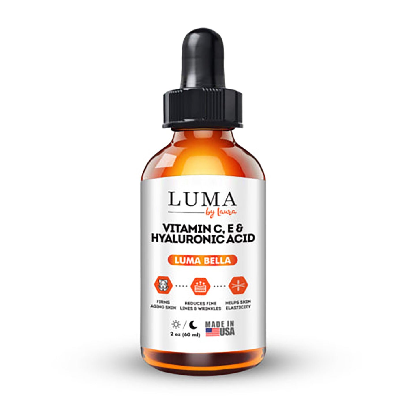 Luma Bella Vitamin C Serum 20% with E, Hyaluronic Acid, and Jojoba Oil in a 2oz bottle, showcasing its anti-aging properties.