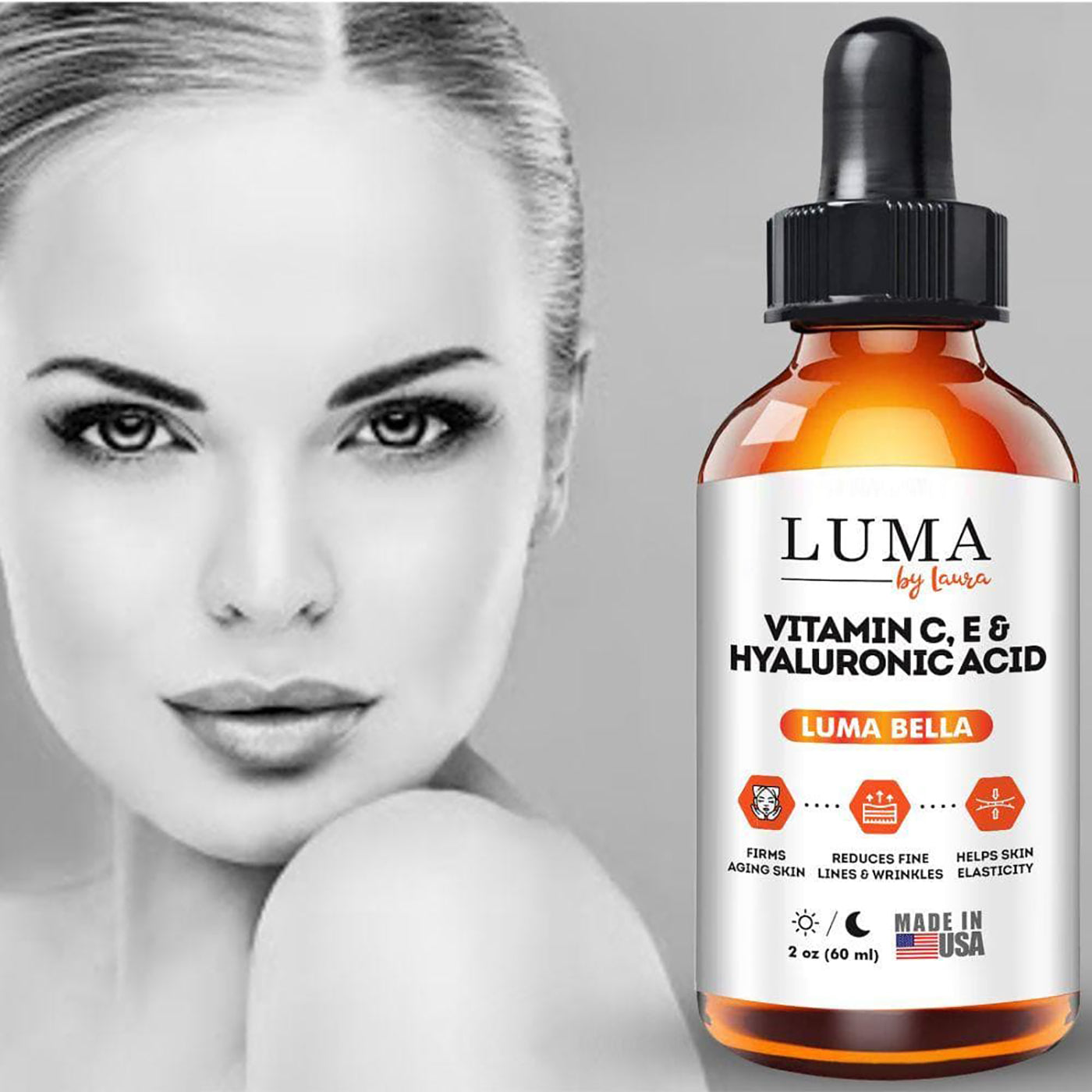 Luma Bella Vitamin C Serum 20% with E, Hyaluronic Acid, and Jojoba Oil in a 2oz bottle, showcasing its anti-aging properties.