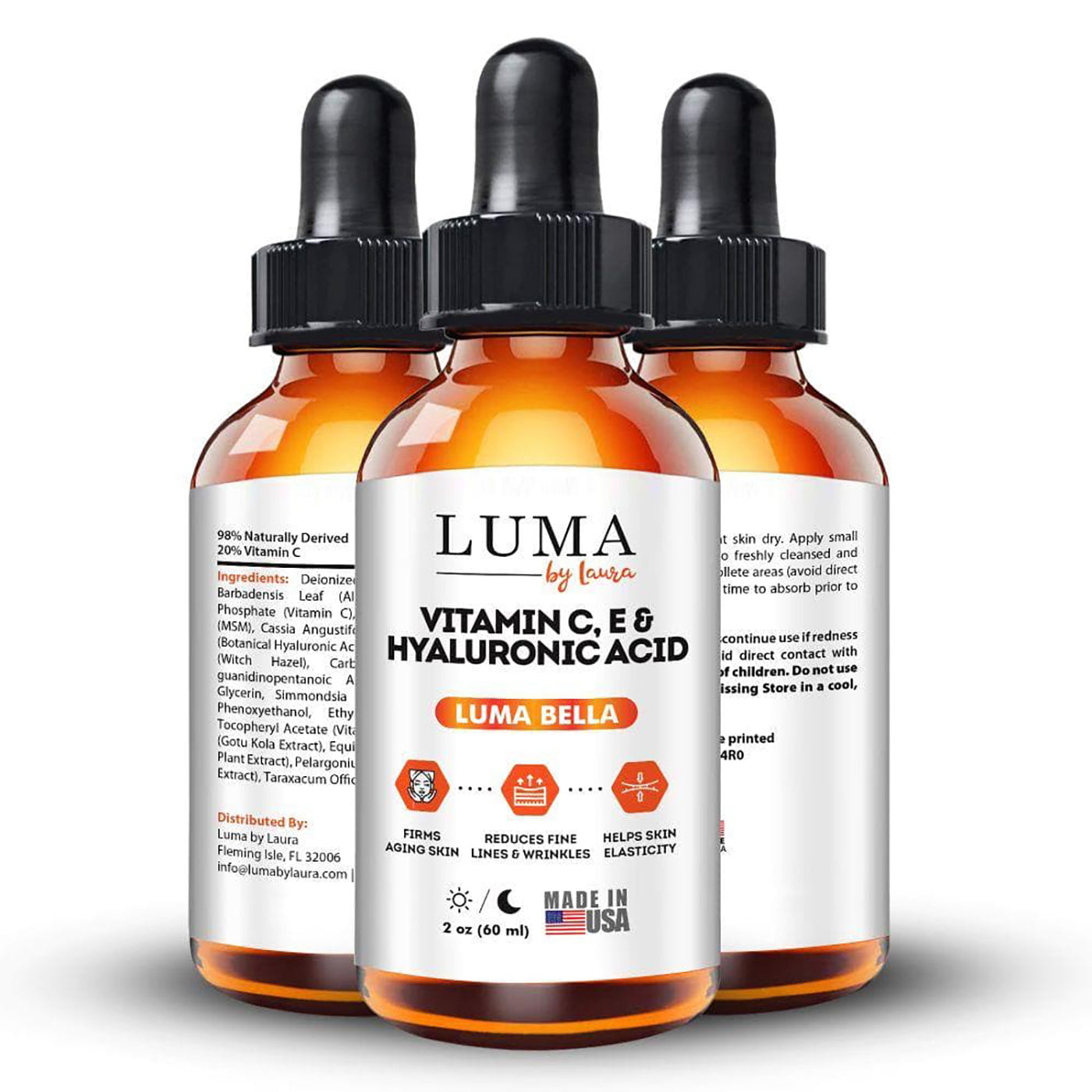 Luma Bella Vitamin C Serum 20% with E, Hyaluronic Acid, and Jojoba Oil in a 2oz bottle, showcasing its anti-aging properties.