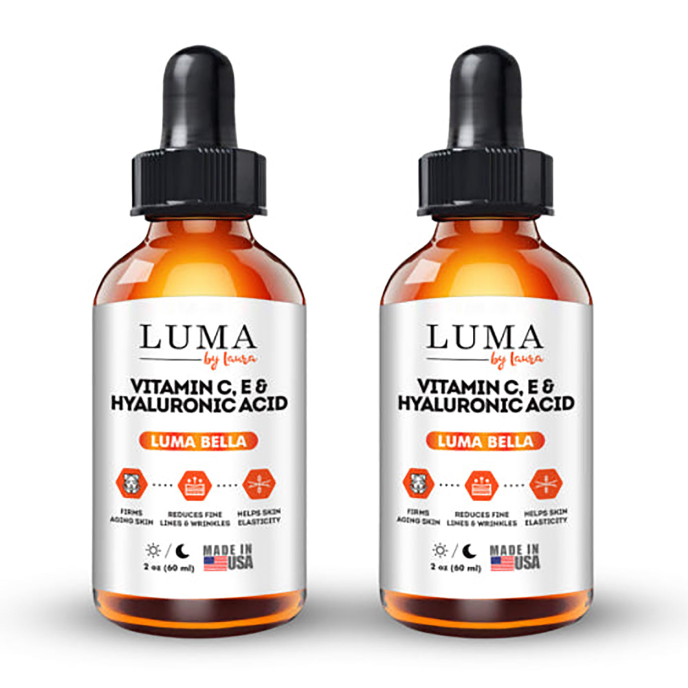 Luma Bella Vitamin C Serum 20% with E, Hyaluronic Acid, and Jojoba Oil in a 2oz bottle, showcasing its anti-aging properties.