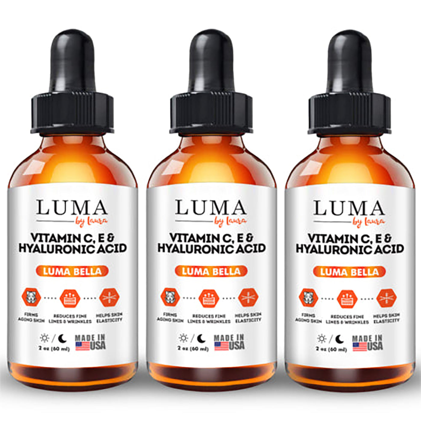 Luma Bella Vitamin C Serum 20% with E, Hyaluronic Acid, and Jojoba Oil in a 2oz bottle, showcasing its anti-aging properties.