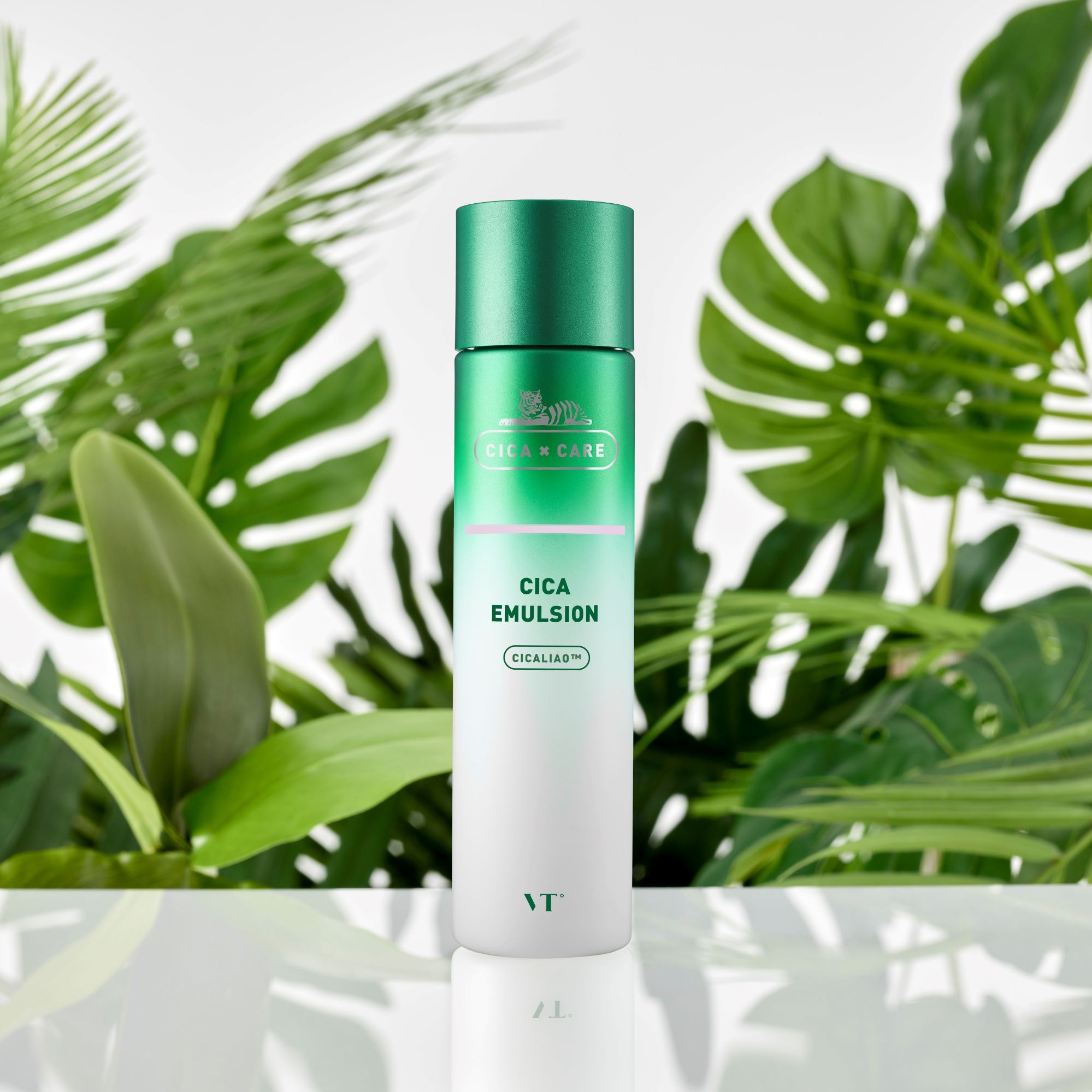 VT CICA Emulsion bottle showcasing its sleek design and label, emphasizing skin care benefits.