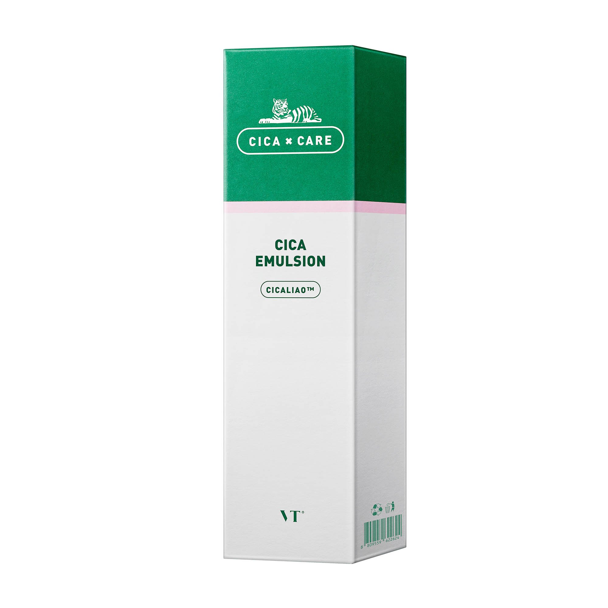 VT CICA Emulsion bottle showcasing its sleek design and label, emphasizing skin care benefits.