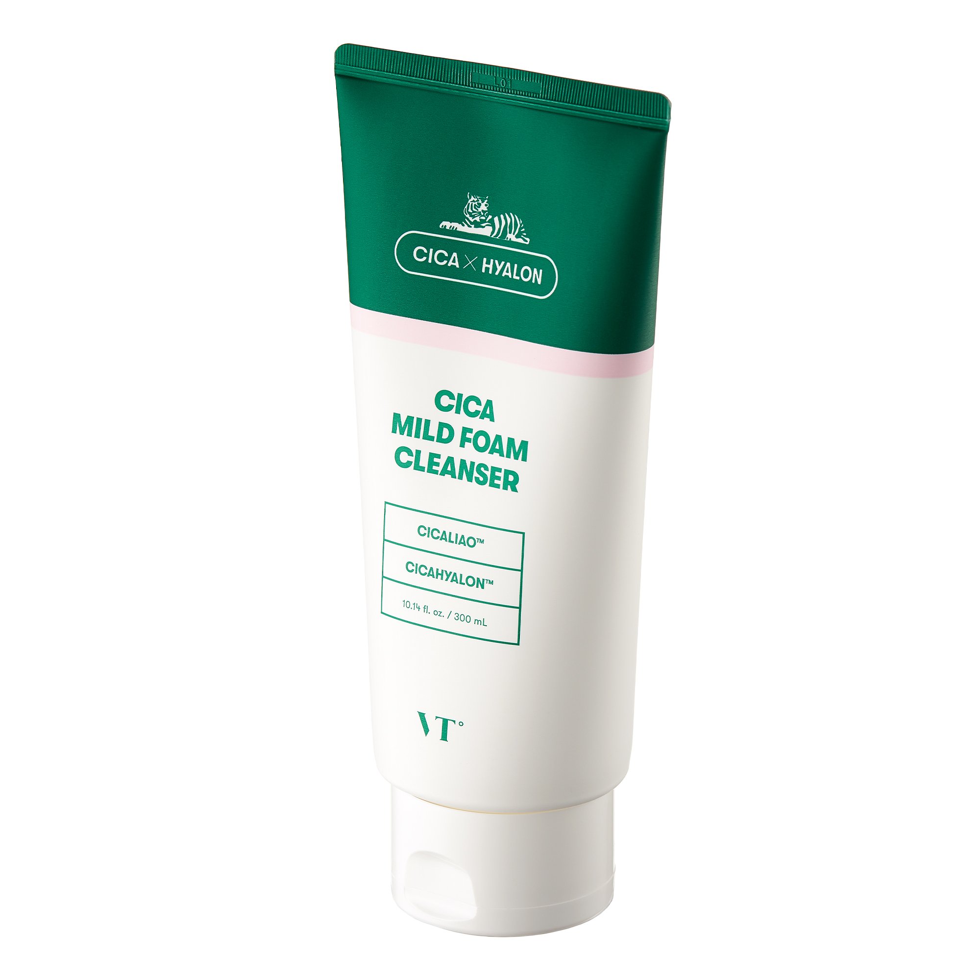 VT CICA Mild Foam Cleanser in a sleek bottle with soft foam texture, ideal for gentle cleansing.