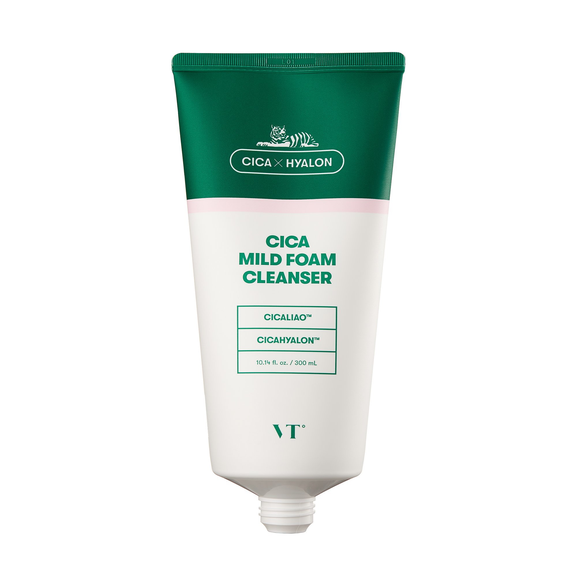 VT CICA Mild Foam Cleanser in a sleek bottle with soft foam texture, ideal for gentle cleansing.