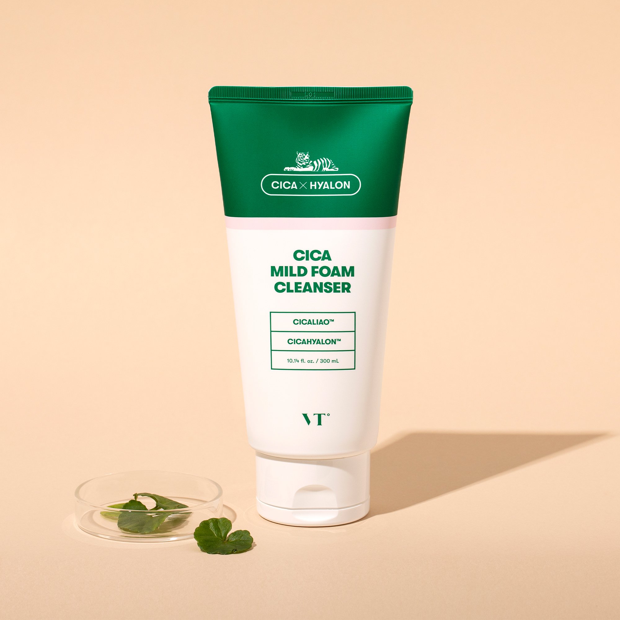 VT CICA Mild Foam Cleanser in a sleek bottle with soft foam texture, ideal for gentle cleansing.