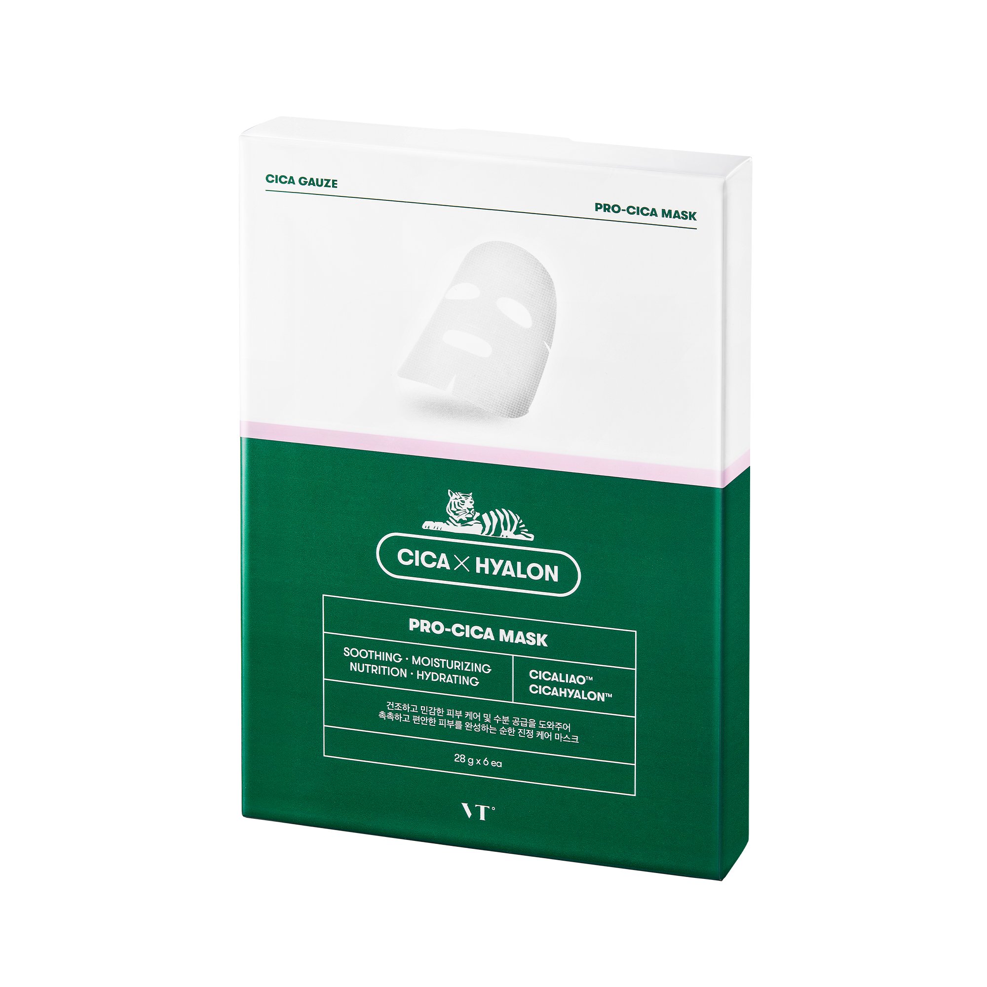 VT CICA PRO MASK pack containing 6 soothing and moisturizing sheet masks for sensitive skin.