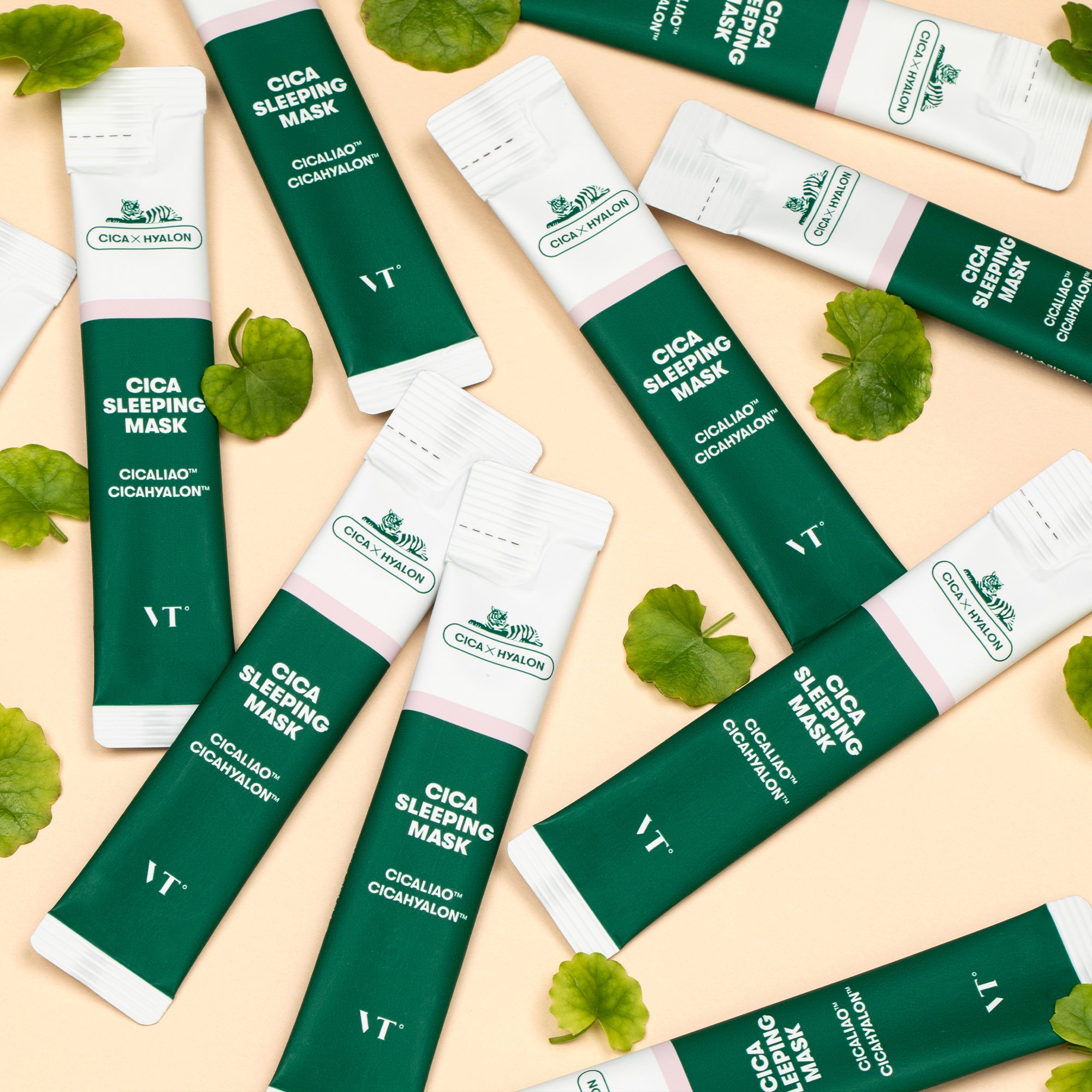 VT CICA Sleeping Mask packaging featuring Centella Asiatica and Triple Hyaluronic Acid for overnight skin hydration.