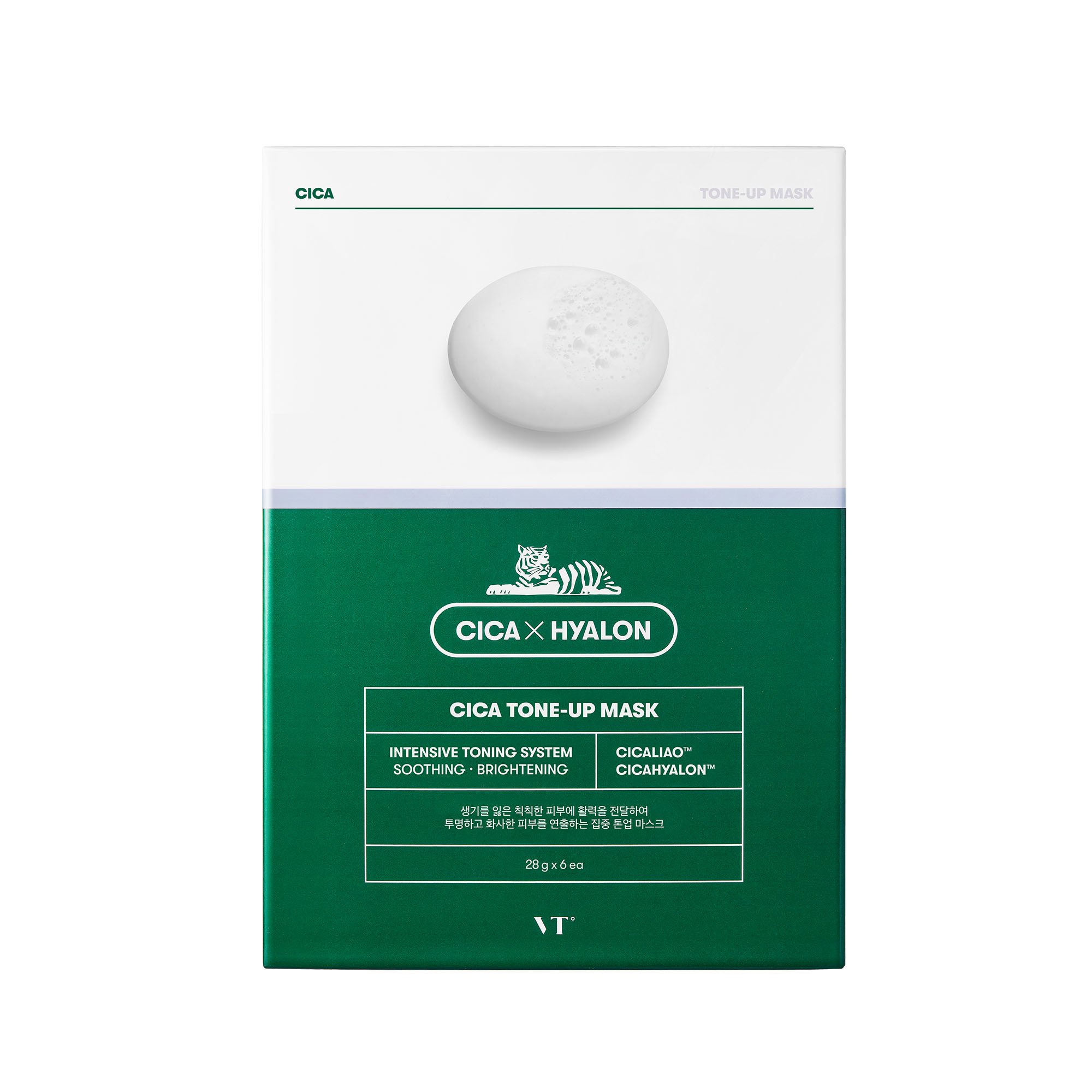 VT CICA Tone-Up Mask pack featuring six individually packed masks for overnight skin nourishment.